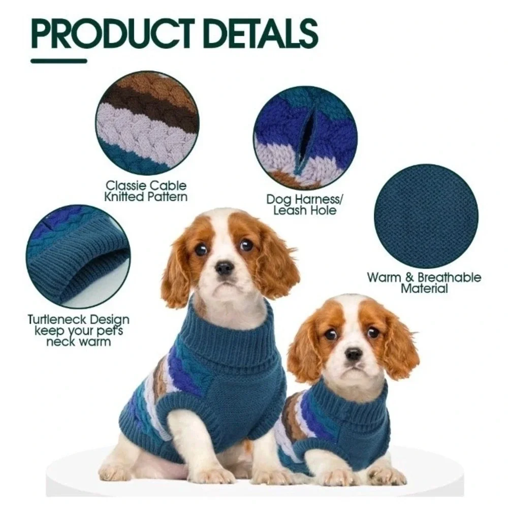 Kuoser‎ Dog Sweater XLARGE Multi color Cable Knit Turtleneck Winter Pet Cozy.